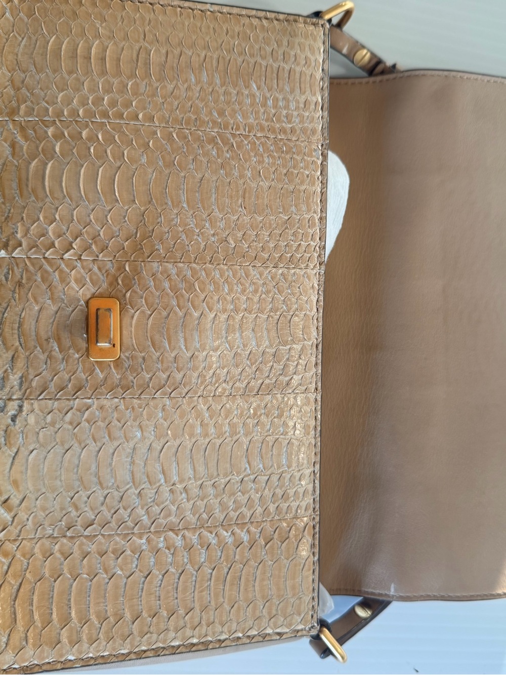 Tory Burch Tan Python-Embossed Shoulder Bag with Dark green Chain Strap - Picture 8 of 16